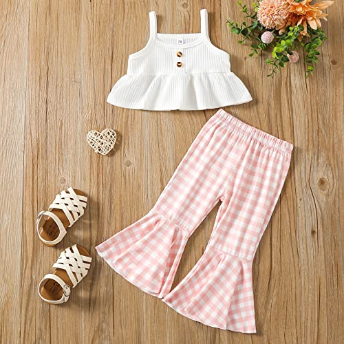 Camiseta infantil feminina sem mangas com nervuras colete xadrez estampado boca de sino calças roupa