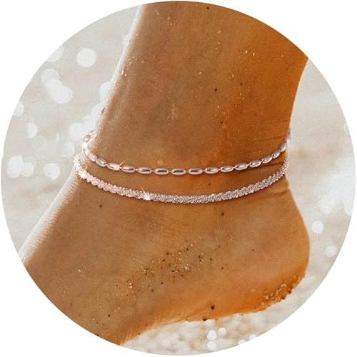 Moodear Tobilleras para mujer, tobilleras impermeables y ajustables en capas doradas y plateadas para mujer, tobilleras chapadas en oro con