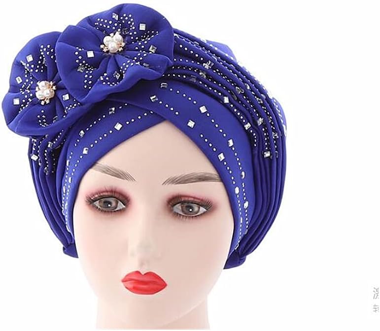 Blue Ladies Headtie African Head Tie with Beads Nigerian Head Wrap Auto Gego Headscarf Turban for Party 1piece by MSB Fabric Color 2215