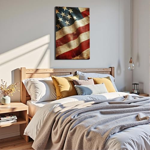 Image of Framed Vintage Distressed American Flag Wall Art, Patriotic Rustic Canvas Art Pictures, USA Flag Wall Decor, Made in USA Ready to Hang for Living Room Garage