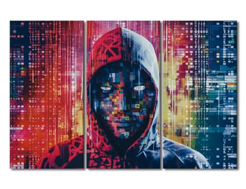 Framed Wall Art 3 Panel Cyber ​​Security and Data Protection Concept Poster for Living Room, Hacker in Mask on Dark Background Pictures Print On Canvas, Wooden Framed Ready to Hang, 42" Wx28 H