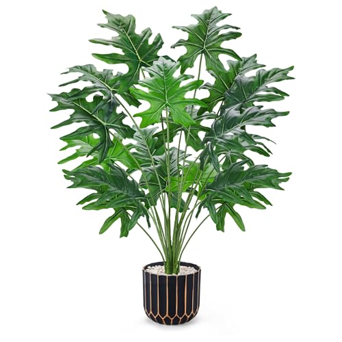 Image of Der Rose 28 inch Artificial Plants Indoor, Philodendron Plant in Black Gold Pot