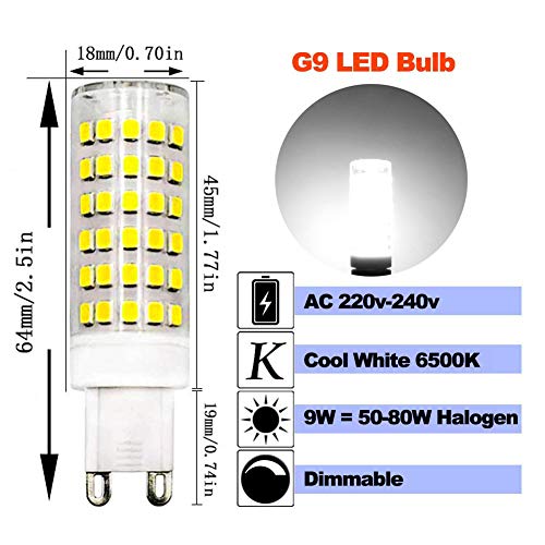 ZHENMING G9 Dimmable LED Bulb 9W Equivalent 60W- 80W Halogen Bulb Cool White 6500K, 220V-240V, 6-Pack