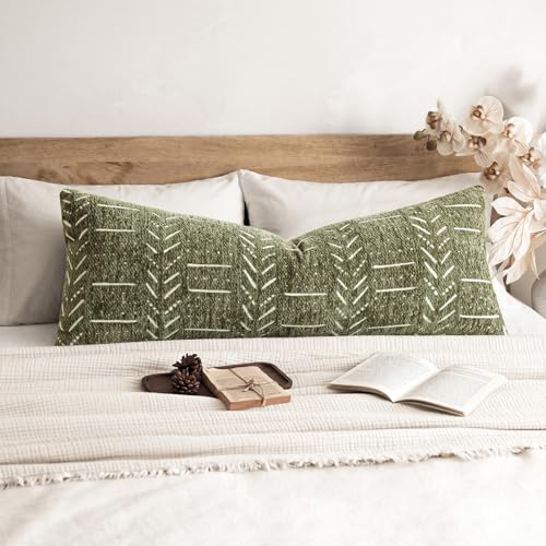 Image of Foindtower Set of 1 Decorative Chenille Jacquard Throw Pillow Cover Textured Farmhouse Body Cushion Covers Neutral Boho Accent Home Decor for Sofa Chair Couch Bed Living Room,14x36 Inch,Olive Green