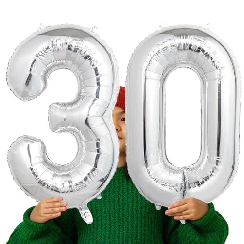Image of Number Balloons Silver Party Balloon - Giant Number 30 Balloon, 40 Inch Large Balloon for 30th Birthday Decorations, Silver Party Supplies for Anniversary