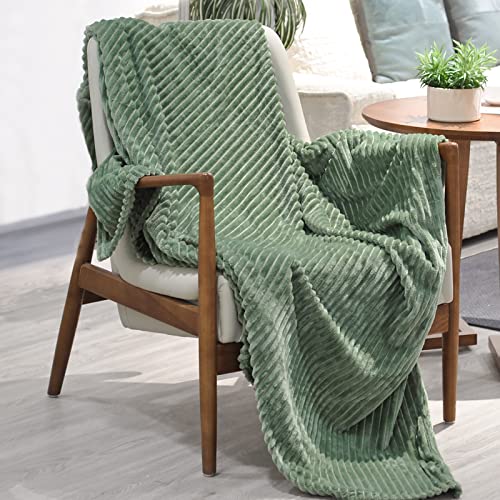 Sage Green Fleece Throw Blanket, 60"X80" Microfiber Striped Chair Blanket For Adults And Kids, Super Soft Warm Cozy Lightweight Ivory Ribbed Throw For All-Season #TOP1