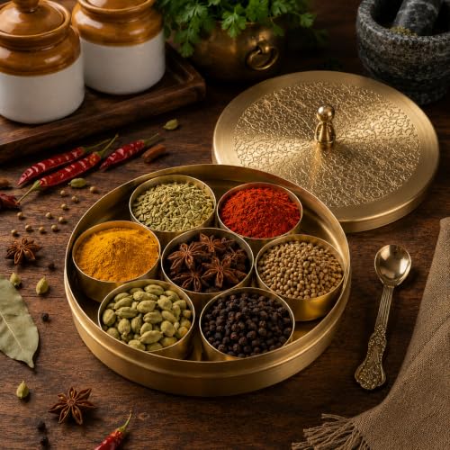 Image of ANYRA'S TROVE Pure Brass Spice Box Set with Spoon(7 Containers) Pital Masala Box For Kitchen|Spices Masala dabba|Masala Dani|Anjarai Petti|Namak Dani|Container|gifting for Home