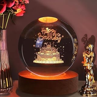 Desidiya 3D Crystal Happy Birthday Lamp Engraved Crystal Ball LED Night Light with Wooden Base - USB Powered Glass Ball Le...