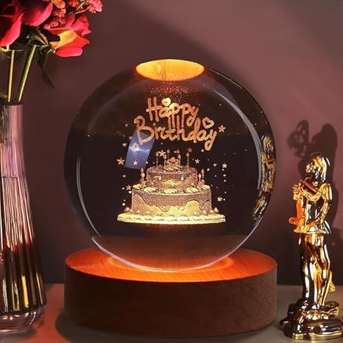 Desidiya 3D Crystal Happy Birthday Lamp Engraved Crystal Ball LED Night Light with Wooden Base - USB Powered Glass Ball Led Night Light Table Lamp for Kids Room, Teens Home & Office Decor,Warm White