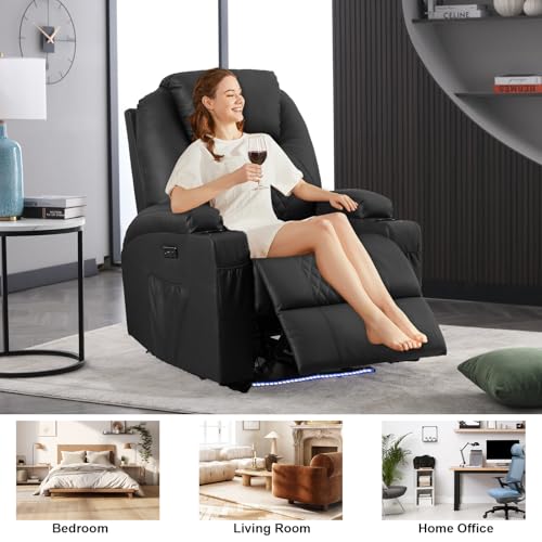 AHMED Power Recliner Chair, Home Theater Seating with LED Ambient Lighting, PU Leather Lazy Sofa Heat Massage Chair with Cup Holders/Side Pockets/USB Ports for Living Room, Dark Black