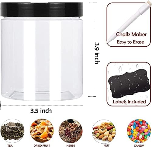 YBCPACK 12 Pack 16oz(500ml) Plastic Jars With Lids, Labels, 1 Pen, Clear Plastic Storage Jar for Food Storage, Craft Storage, Pantry Storage jar For Dry Food, Snack, Peanut, Powder, Spice
