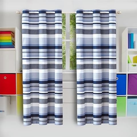 LinenTopia Kids Boys Teens 2 Window Curtain Grommet Panels 84" Length, Stripes Checked Blue White Navy Print Design Window Curtain for Teens Boys Girls, Kids Bedroom Décor, e-Stripe, Grommet, 84" Cover