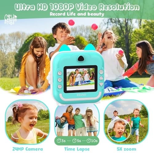 Image of CADDLE & TOES Instant Print Camera For Kids - 1080P HD, 48MP, SD Card, Bluetooth, Free App, 3 Rolls Print Paper, Stickers, Fun Filters, Gift For Boys And Girls - Pink Camera For Kids 4-12 Y (Blue)
