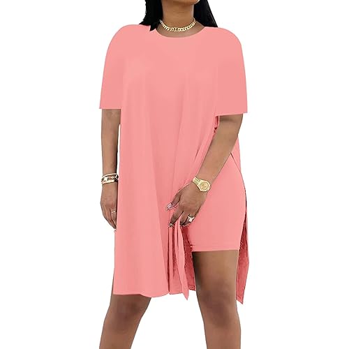 AXOSY Women Plus Size 2 Piece Outfits Short Sleeve Tunic Tops and Skinny Biker Shorts Sets Tracksuits Pink,X-Large
