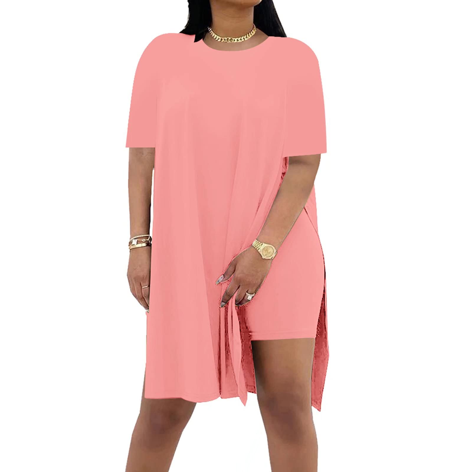 Women Plus Size 2 Piece Outfits Short Sleeve Tunic Tops and Skinny Biker Shorts Sets Tracksuits