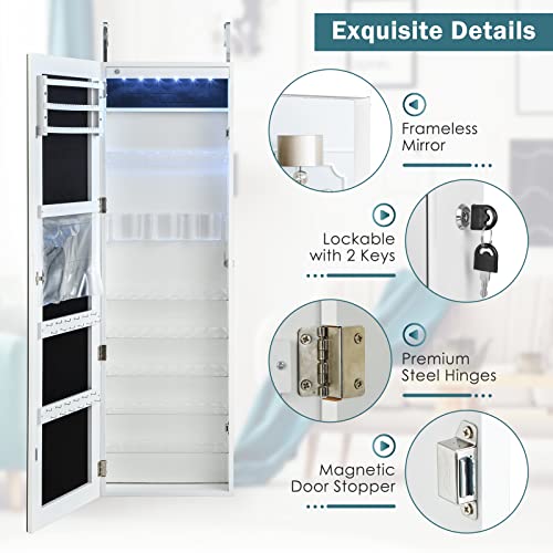 Charmaid 6 Leds Jewelry Armoire Wall Mounted Or Door Hanging, 47.2" H Frameless Full-Length Mirror, 6 Shelves, 3 Brush Boxes, Lockable Jewelry Cabinet Organizer With Large Storage Capacity (White) #TOP5