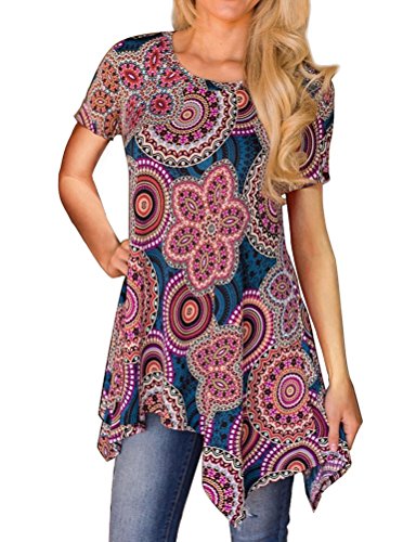 Ezcosplay Women Floral Print Asymmetric Hem Round Neck Short Sleeve T-Shirt Tops Red