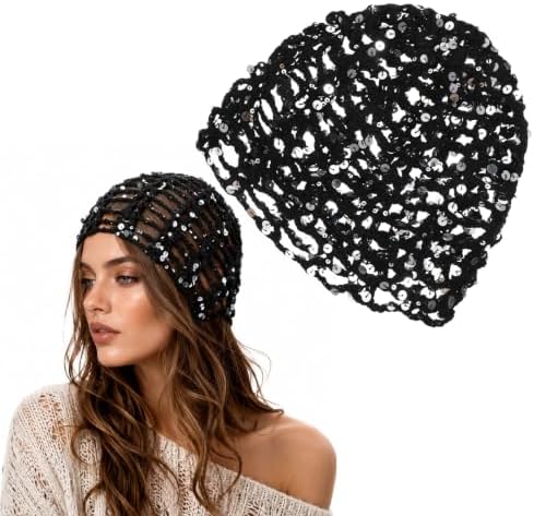 Women Summer Glitter Sequin Crochet Knit Hat Boho Hollow Out Beanie Cap