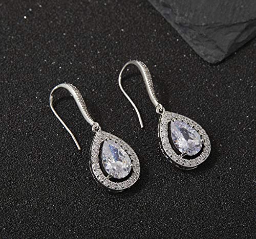 Sweetv Teardrop Wedding Earrings For Brides, Bridesmaids, Cubic Zirconia Dangle Earrings For Prom, Party, Formal Occasion,Silver #TOP3