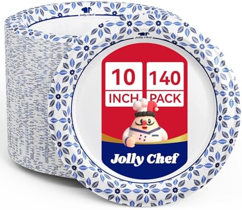 JOLLY CHEF 10 inch Disposable Paper Plates 140 Count, Soak Proof, Cut Proof, Heavy Duty Paper Plates for Everyday Use