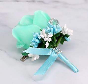 Boutonniere Bridegroom Mens Boutonniere Bridal Boutonniere Groomsmen Boutineer Collar Flower Silk Rose Flower with Pin for Wedding, Prom, Homecoming Sky Blue, 2 Packs