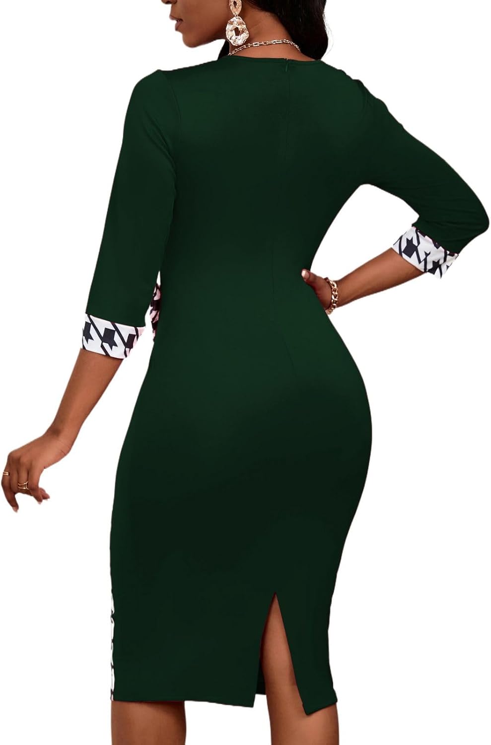 Women's 3/4 Sleeve Round Neck Casual Houndstooth Bodycon Wear to Work Pencil Sheath Midi Dresses - Image 4
