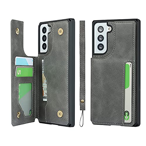 Pelanty Galaxy S21 ケース SC-51B SCG09 ケース手帳型 縄掛け Samsung Galaxy S21 5G 背面カバー PUレザー IC カード収納 軽量 スタンド機能 ボタン磁気 多機能 サムスン ギャラクシーS21 スマホケース 耐衝撃 滑り防止 全面保護 ストラップ 携帯カバー グレー