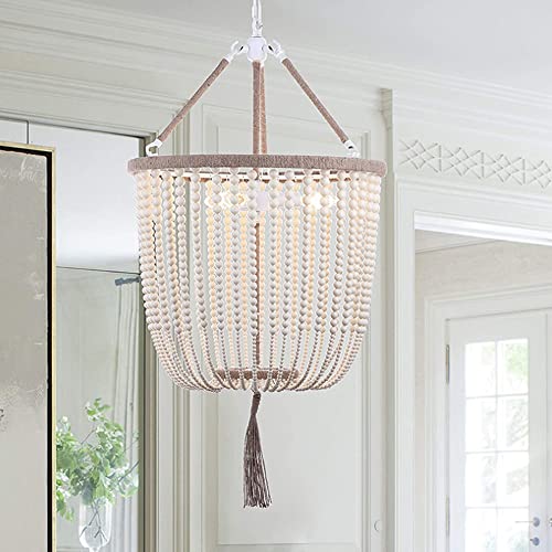 Chandelier en bois beige et corde de chanvre retro LUE E14*3 - 4