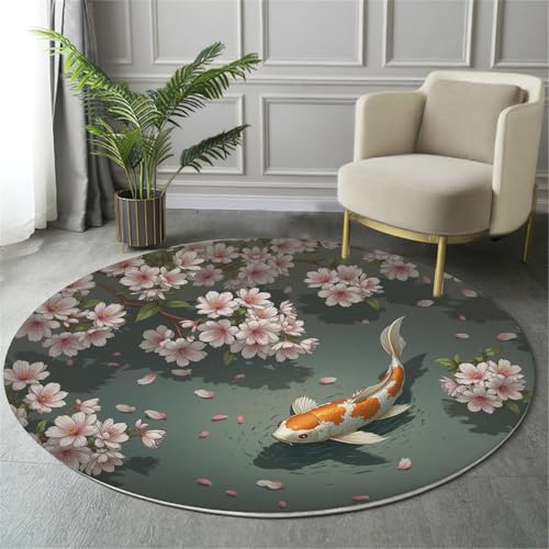 Tapis rond salon imprimé koï japonais et cerisier tapis de sol gris