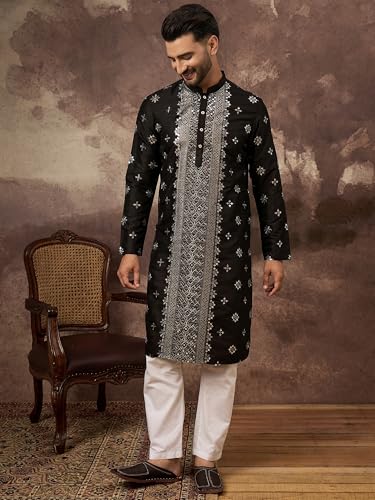 Image of Men's Solid Calf Length Silk Blend Embroidered Kurtas | Men | Kurtas for Mens | Straight Fit Kurta for Men's