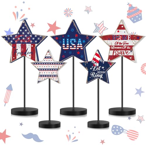 5 Pcs 4th of July Table Decorations Patriotic Wooden Star Set Standing Star Table Decor 250th Anniversary Tiered Tray Decor Red White Blue Memorial Day Centerpieces Sign for Home Office(Retro)