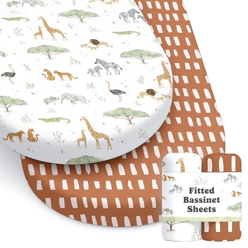 Image of Baby Bassinet Sheets for Boy, Girl (Safari Adventures) 2-Pack - Fitted Bedside Bassinet Sheets - Buttery Soft Cotton Blend for Standard Mattress Pad