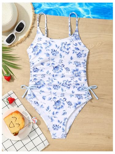 Milumia Girl's Floral One Piece Swimwear Bow Tie Side Spaghetti Strap Swimsuits3