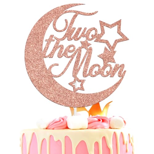 Two The Moon Cake Topper - Happy 2nd Birthday Anniversary Cake Decoration - Two Cute - Kid's Second Birthday Party Supplies for Boy Girl, Rose Gold Glitter by Aeryourtar - Used condition - US$5.73