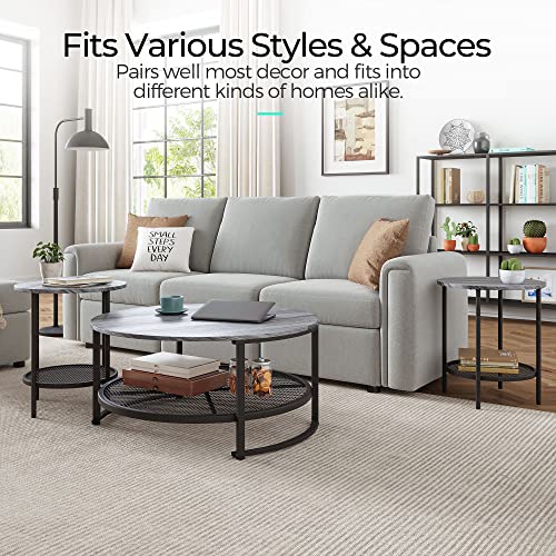 Linsy Home Round Coffee Table And End Table Set For Living Room, Industrial Coffee Table With Open Storage, Contemporary Wood Surface Top & Sturdy Metal Legs Large Circle Coffee Table, Gery And Black #TOP4