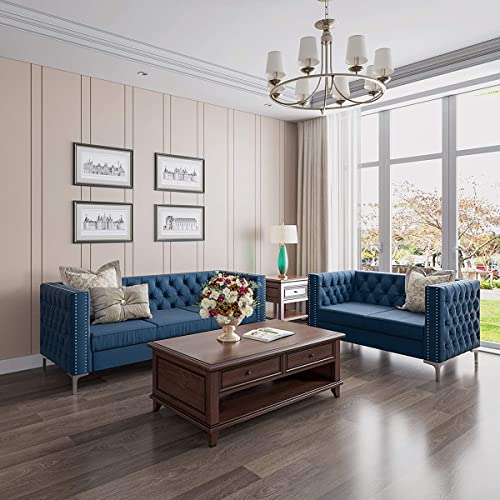 Morden Fort Modern 2 Pieces Of Chair And Sofa Couch Set With Dutch Velvet Blue,Iron Legs. #TOP3