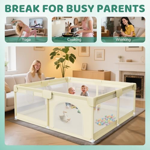 Image of Baby Playpen 64x64 Inch for Babies and Toddlers Indoor & Outdoor | Large Baby Play Yard, Safe & Sturdy, Easy-Assembly, Non-Slip, Easy to Clean, Lightweight, External Zipper Door, Beige