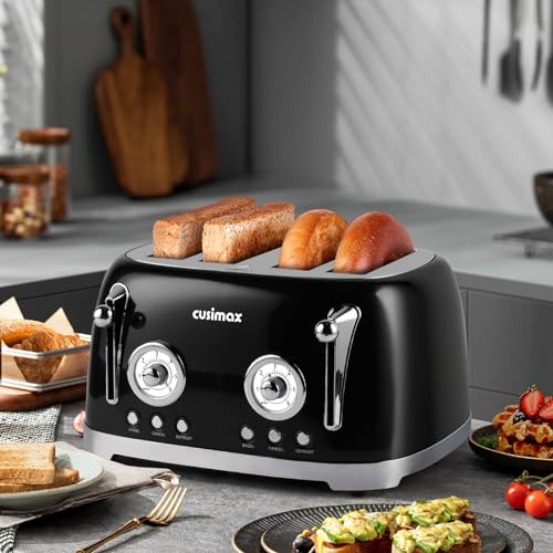 CUSIMAX Toaster 4 Slice, Retro Toaster with Wide Slots for Bagels, Stainless Steel Toaster with 6 Toast Settings, Bagel, Cancel, Defrost & Reheat Functions, Dual Independent Control Panels, Black CUSIMAX Toaster 4 Slice, Retro Toaster with Wide Slots for Bagels, Stainless Steel Toaster with 6 Toast Settings, Bagel, Cancel, Defrost & Reheat Functions, Dual Independent Control Panels, Black