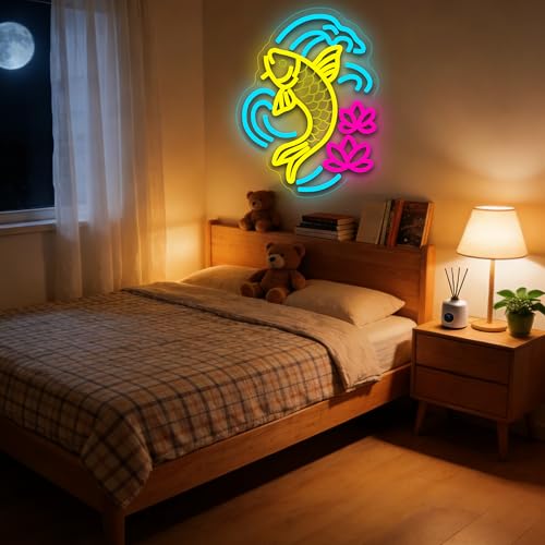 Image of Koi Fish Neon Sign for Wall Decor Japanese LED Light for Man Cave | Dimmable, japanese style wall art, living room decor, bar ornament, party decor, ideal birthday gift, size 13.7*12.2 In