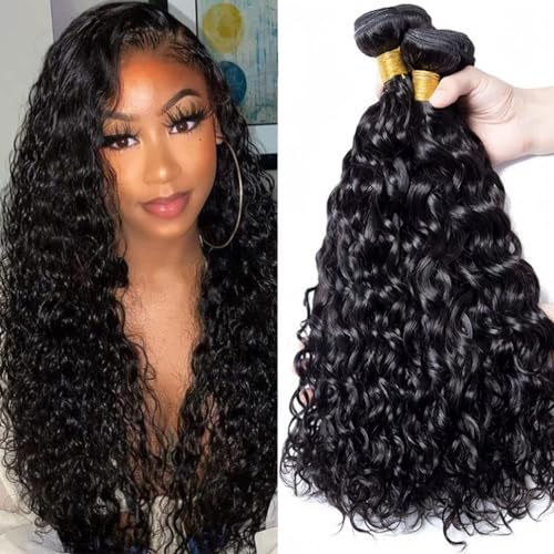 Water wave bundles 100% Unprocessed human hair bundles with Hair Extensions Natur weave human hair natural blcak color for women 100g/bundle(Natural Black, Water 24 26 28 Inch)