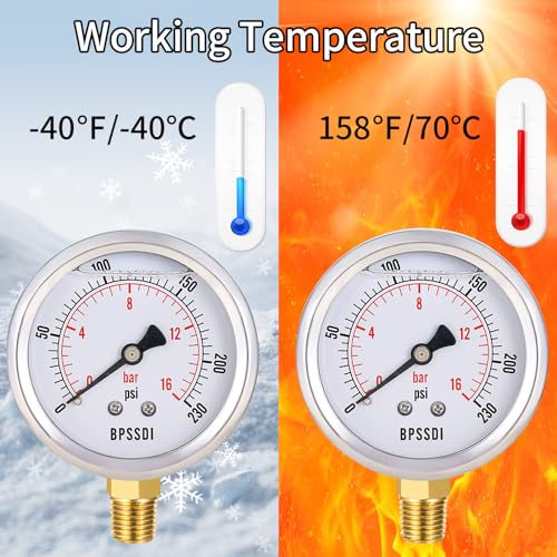 Image of 0-230 Psi Pressure Gauge, Glycerin Filled, Water Pressure Gauge, 2-1 /2 inch Dial, 1 /4 inchNPT Lower Mount, Stainless Steel Case, for Pneumatic Regulator Air Compressor RV Regulator Water Pressure Test