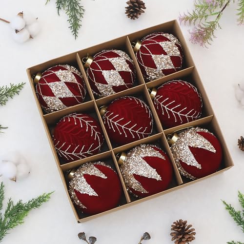 Image of 4IN Large Velvet Christmas Ornaments with Glitter, 9PCS Flocked Ornaments