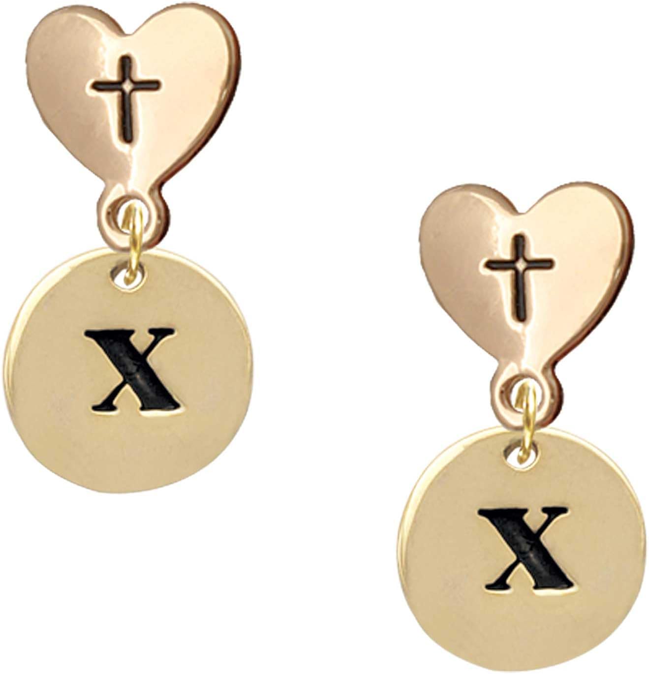 Delight Jewelry Goldtone Disc 1/2'' Initial - Cross in Heart Post Dangle Earrings