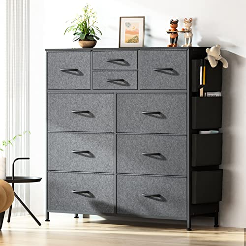 Lulive 10 Drawer Dresser, Chest Of Drawers For Bedroom With Side Pockets And Hooks, Fabric Storage Dresser, Sturdy Steel Frame, Wood Top, Organizer Unit For Nursery, Hallway, Closet (Dark Grey) #TOP6