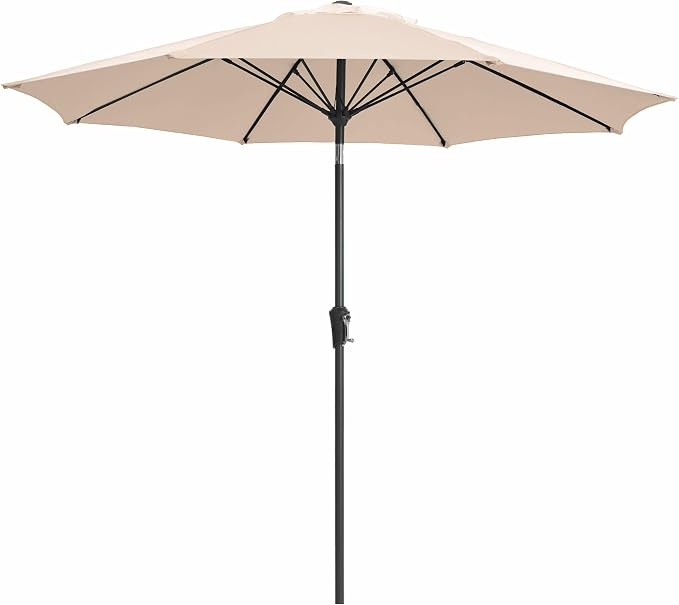JEAREY 9FT Outdoor Patio Umbrella, Market Table Umbrella with 8 Fiberglass Ribs, Pool Umbrella with Tilt and Crank, UV Protection Lightweight & Wind-Resistant for Lawn, Garden, Deck and Backyard, Beige