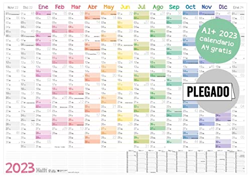 Calendario de Pared 2023 XXL A1+ (89 x 63 cm) [Arco Iris] en Español|15 Meses Nov. 2022 - Ene. 2024|Calendario Anual A4 Gratuito|Calendario con Resumen de Vacaciones|Sostenible y de Impacto Cero