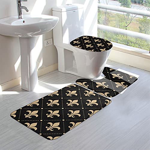 Zjhfsgmy Bathroom Rug Mats Set 3 Piece ,Black Fleur-De-Lis Soft Comfort Flannel Non-Slip Bath Mat + U Contour Rug + Toilet Lid Cover #TOP2