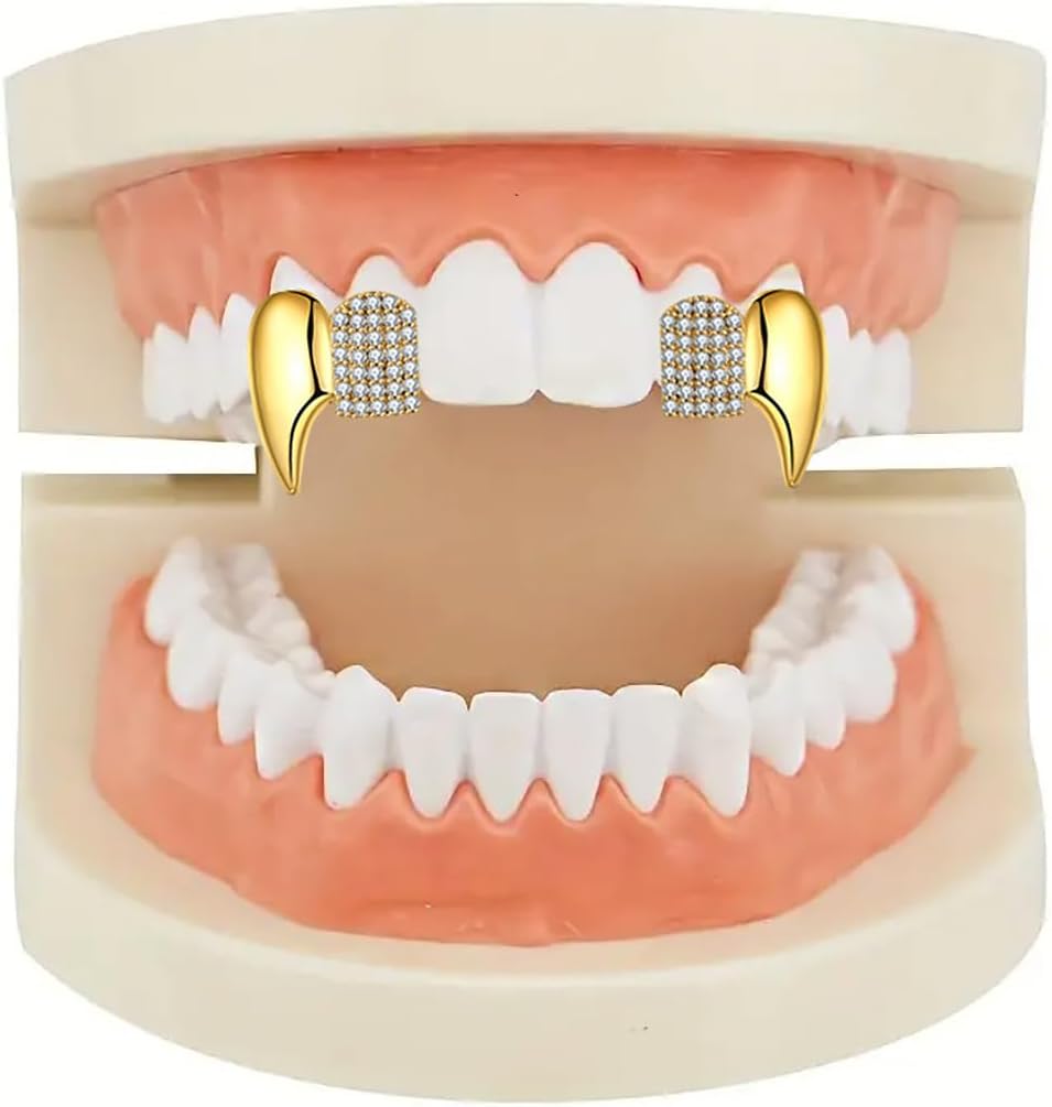 Gothic Vampire Diamond Grills Teeth Grillz Diamond Grills for Your Teeth 18k Gold Plated Double Tooth Grizz Caps Vampire Bat Fang Iced Out CZ Diamonds Grills Gothic Halloween Cosplay Party Jewelry for Men and Women