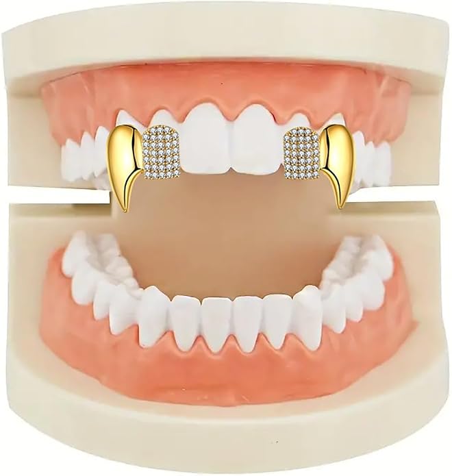 Gothic Vampire Diamond Grills Teeth Grillz Diamond Grills for Your Teeth 18k Gold Plated Double Tooth Grizz Caps Vampire Bat Fang Iced Out CZ Diamonds Grills Gothic Halloween Cosplay Party Jewelry for Men and Women miniatura 3