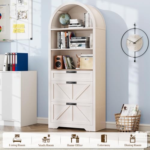 Image of Vabches 71 inch Tall Arched Bookcase with File Cabinet Drawers, Rustic White | Farmhouse Freestanding Wooden Bookshelf, 3-Tier Large Open Display Storage Shelves for Home Office Living Room